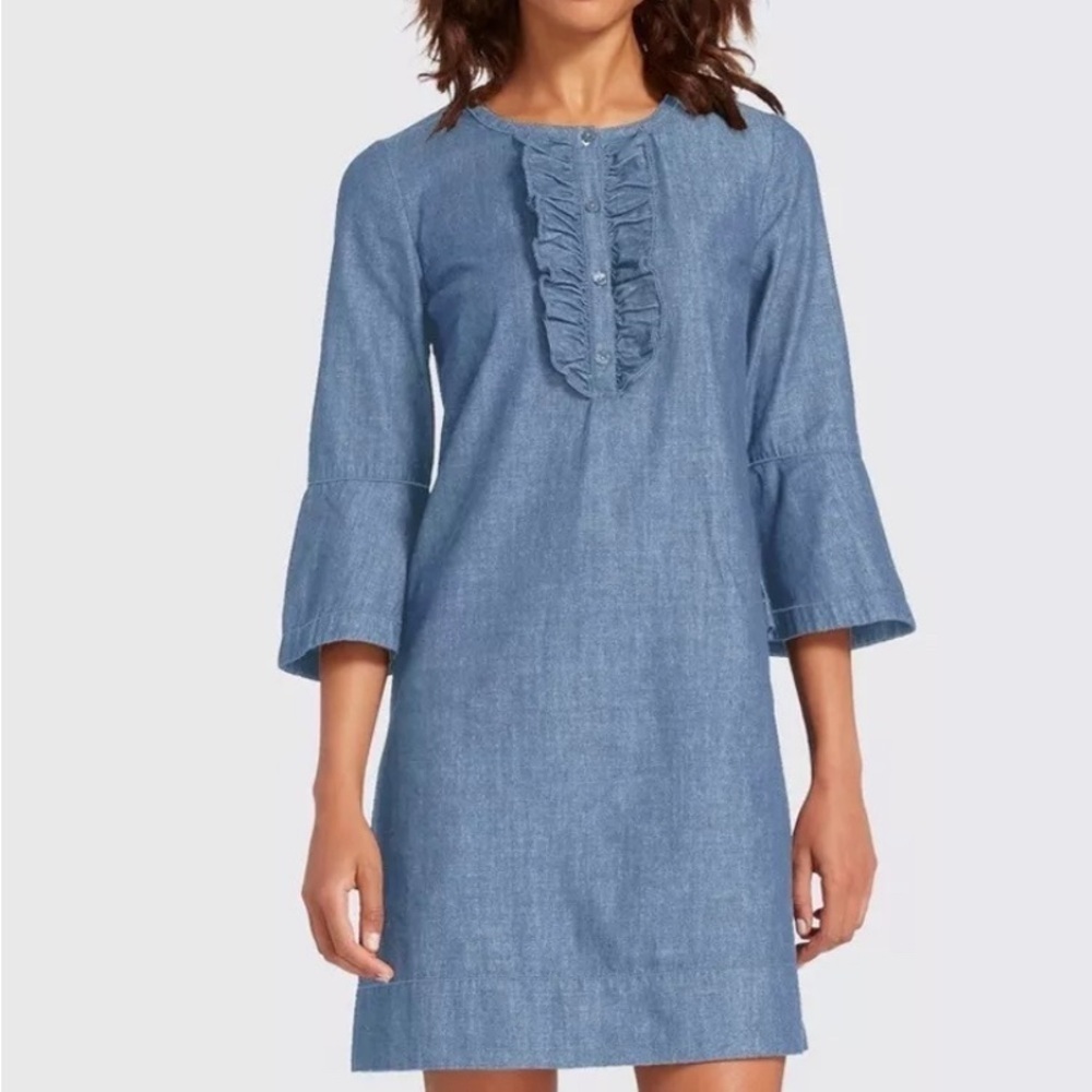 Draper James Chambray Ruffled Denim 100% Cotton Shift Dress Preppy Casual Size 6